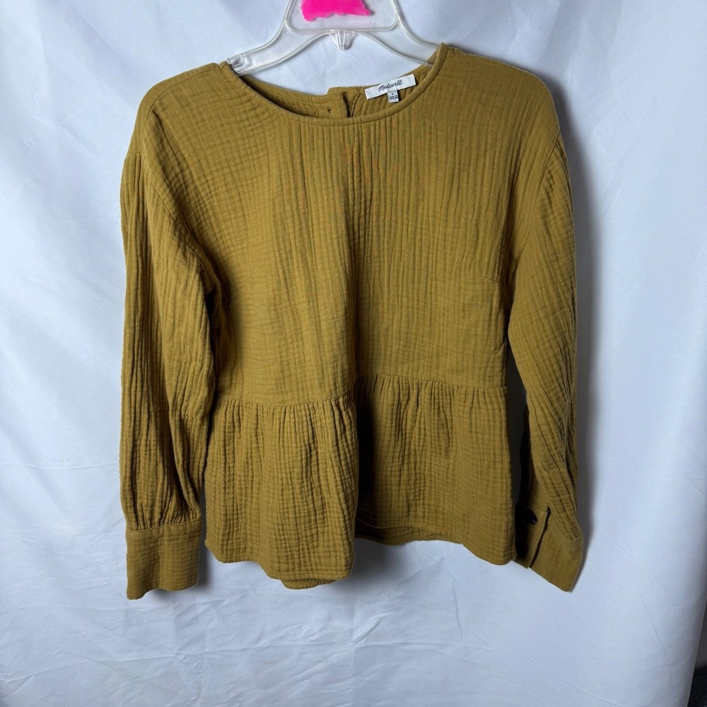 Madewell Gauze Peplum Top Mustard Yellow Long Sleeve Button Back‎ Size S Boho